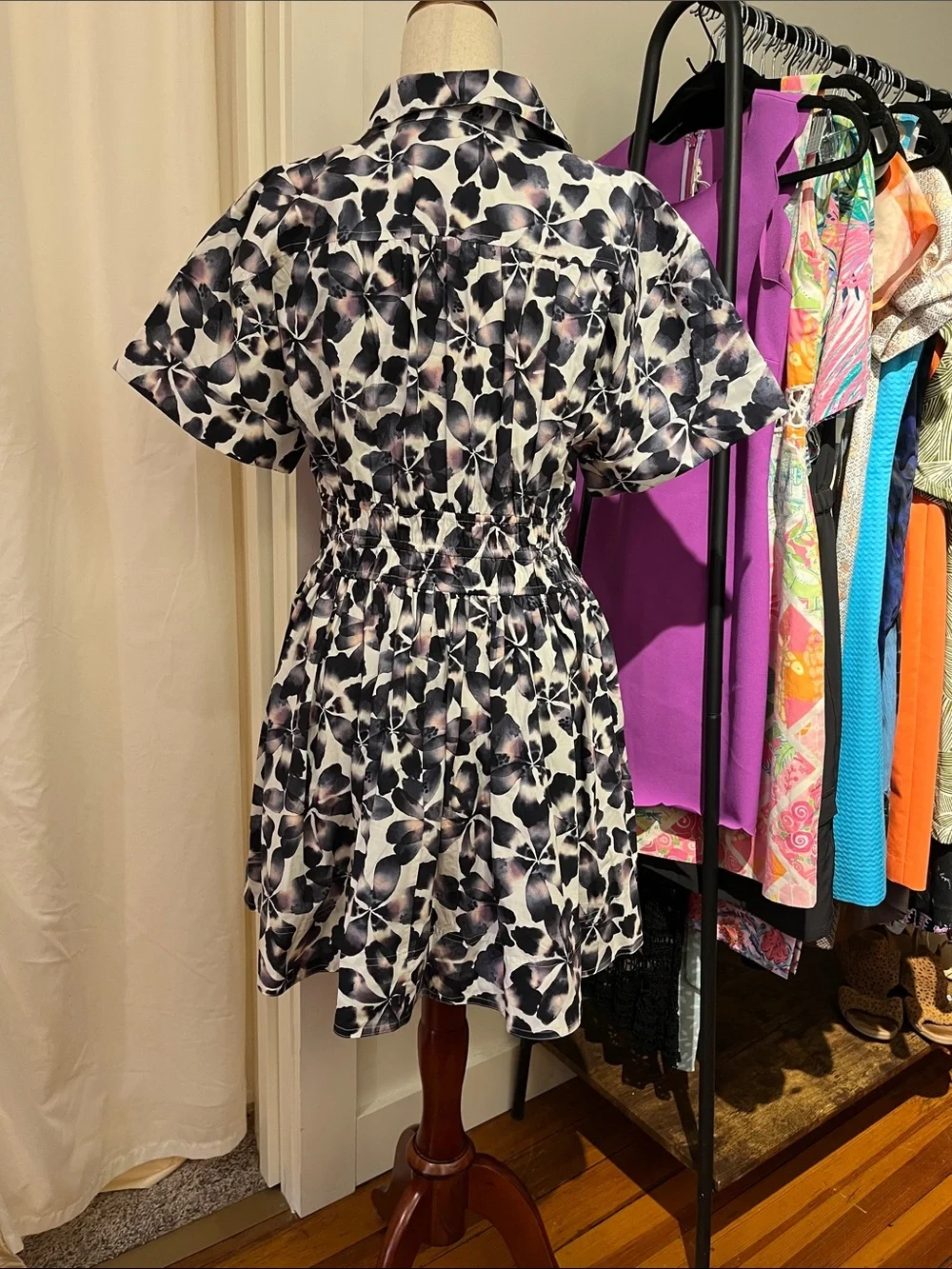 J. Crew Navy & White Floral Smocked Shirtdress